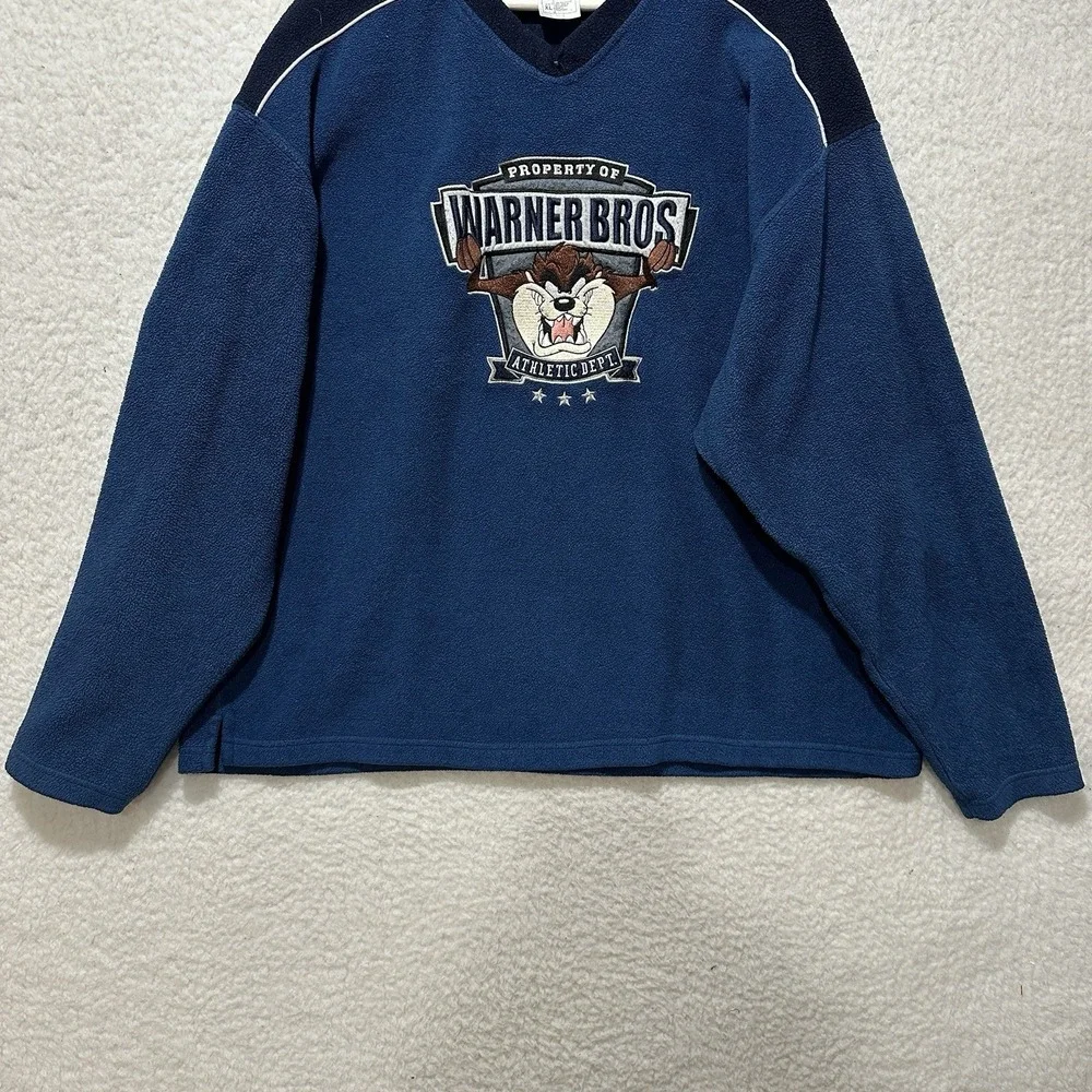 Vintage 90s Warner Brothers Embroidered Tasmanian Devil Taz Fleece Sweater Sz XL